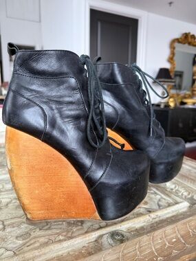 Zigi Black Leather Lace-Up Wedge Booties with Wooden Platform
